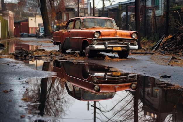 El reflejo de los accidentes automovilísticos oxidados en un charco después de la lluvia creada con IA generativa