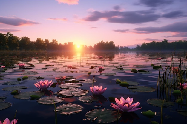 Reflejo del amanecer Sereno estanque de lotos Santuario tranquilo