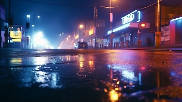 Reflejo de asfalto pegajoso de luces de neón, humo de un reflector Luz especulativa en una calle limpia y sombría con nube debilitante de humo Generado por IA