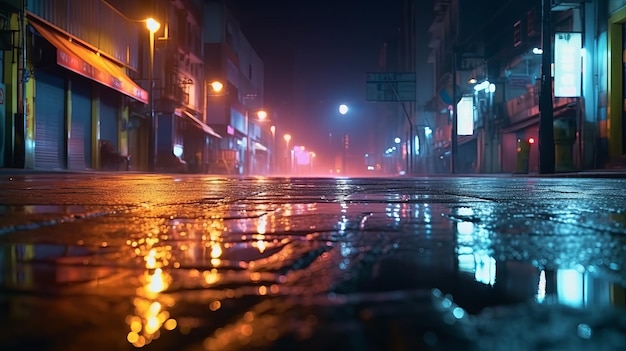 Reflejo de asfalto pegajoso de luces de neón un humo de reflector Luz teórica en un camino de limpieza sombrío con nube débil de humo Generado por IA