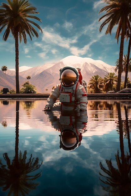 El reflejo de un astronauta en las aguas tranquilas de un oasis alienígena foto realista