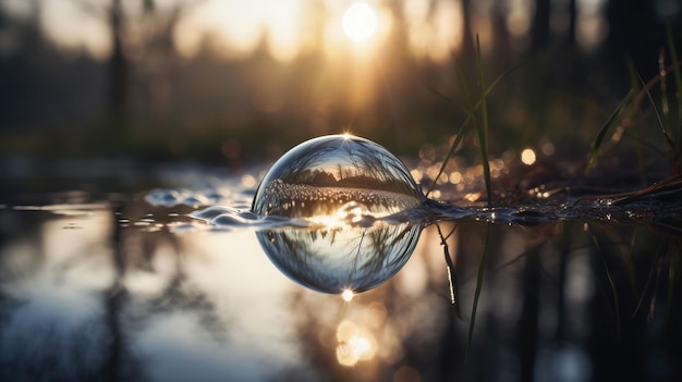 Reflejo del bosque del día mundial de la fotografía en gota de rocío sobre hoja verde Maqueta de banner de encabezado con espacio de copia generado por IA