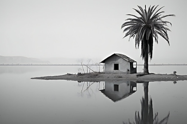 Reflejo de una casa en un lago con palmeras en el fondo