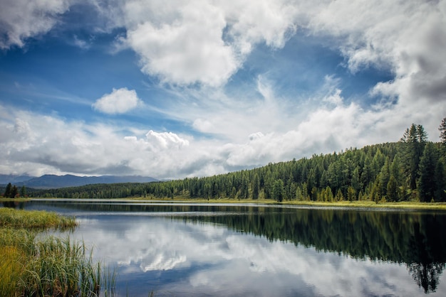 Reflejo de cielo azul con nubes blancas en la superficie del espejo del lago de montaña. Hermoso paisaje natural alpino.