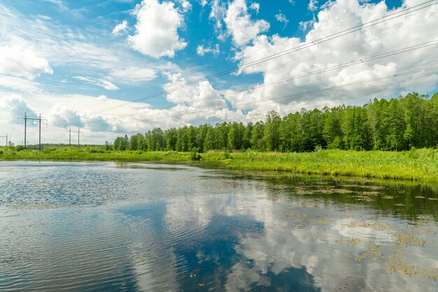 Reflejo del cielo azul con nubes en el estanque