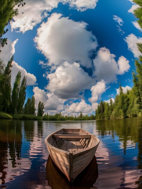 Foto un reflejo del cielo y las nubes en la superficie de las aguas e incluyendo un bote de remos