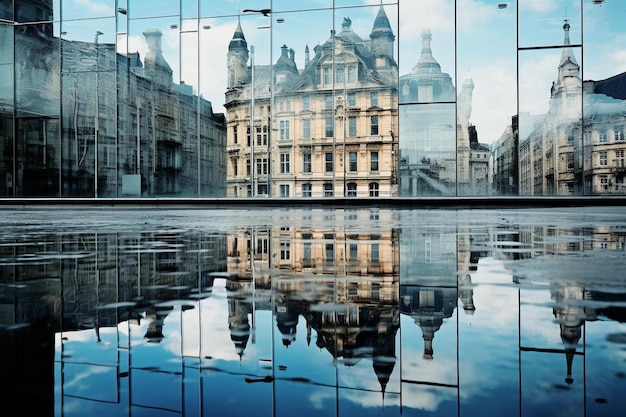 Un reflejo de un edificio en una pared de cristal.