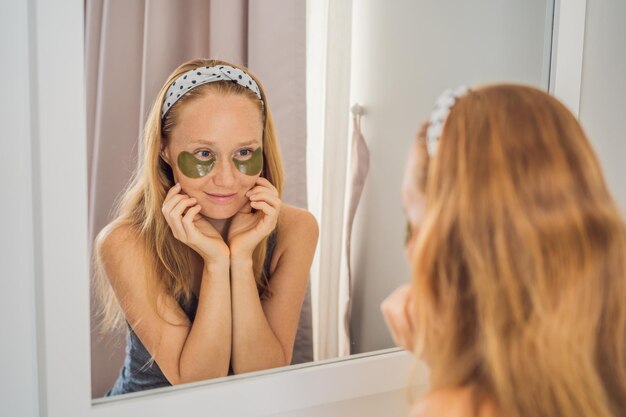 Reflejo de espejo mujer sonriente aplicando parches de hidrogel para el cuidado de los ojos hidratando la piel debajo de los ojos disfrutando de los procedimientos de cuidado de la piel