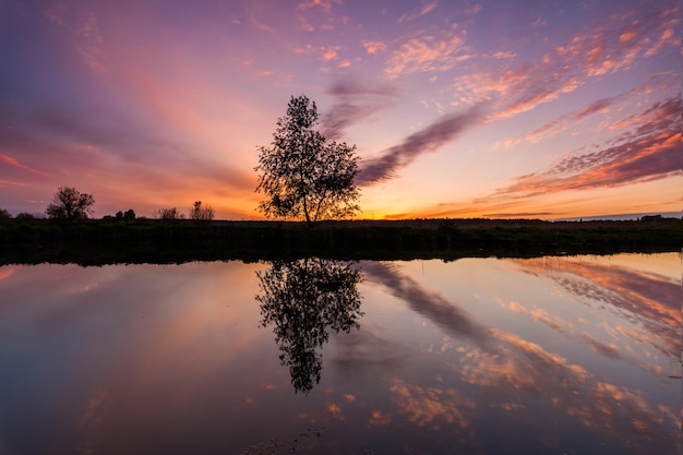 Reflejo de un hermoso cielo de amanecer en un río