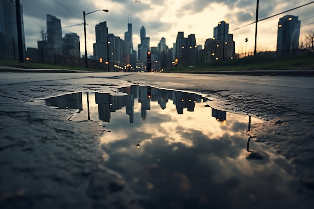 Foto reflejo del horizonte de una ciudad en un charco de lluvia