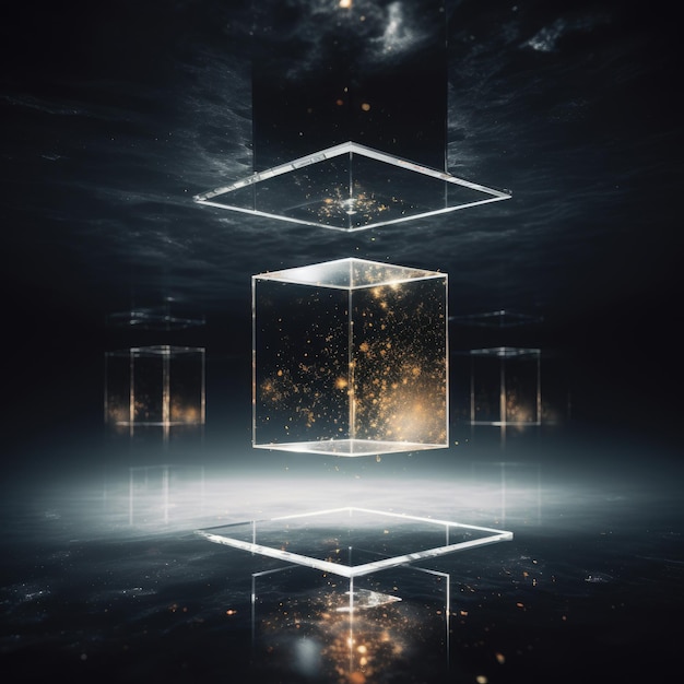 El reflejo del infinito: un enigmático cubo espejo suspendido en la oscuridad