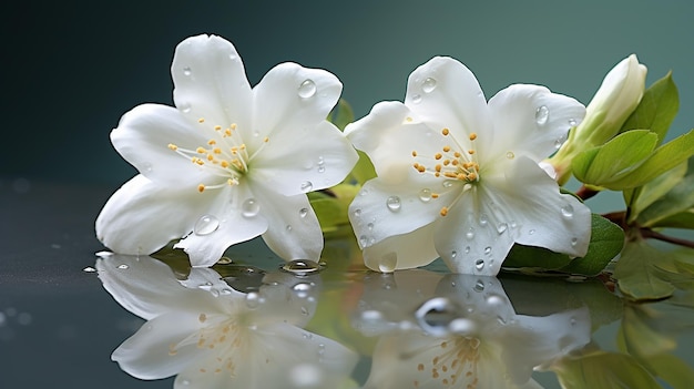 Reflejo de jazmín besado por la lluvia