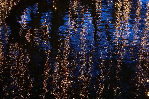 Reflejo de luces de brillo borrosas en el agua por la noche.