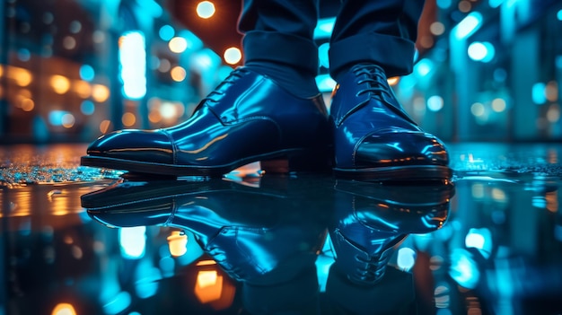 El reflejo de las luces de la ciudad en zapatos de cuero pulido un toque urbano moderno en la elegancia clásica