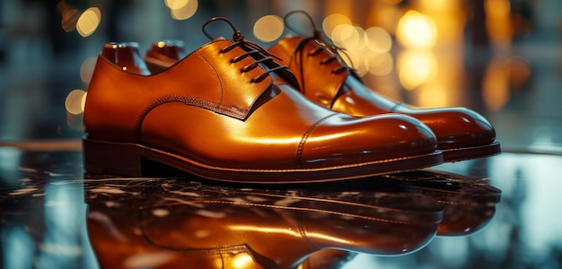El reflejo de las luces de la ciudad en zapatos de cuero pulido un toque urbano moderno en la elegancia clásica