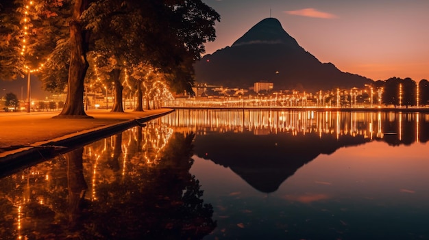 reflejo de las luces y la montaña