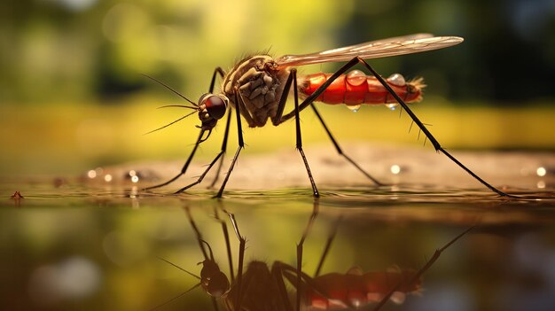 El reflejo de un mosquito sediento en la textura brillante de la piel