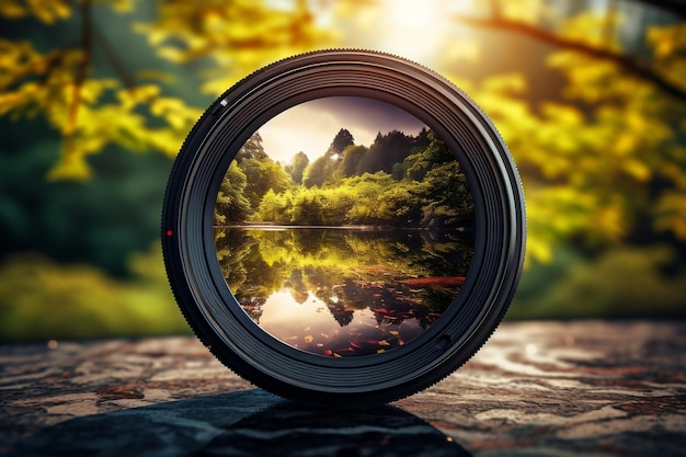 Reflejo de la naturaleza en la lente de una cámara en un parque natural IA generativa