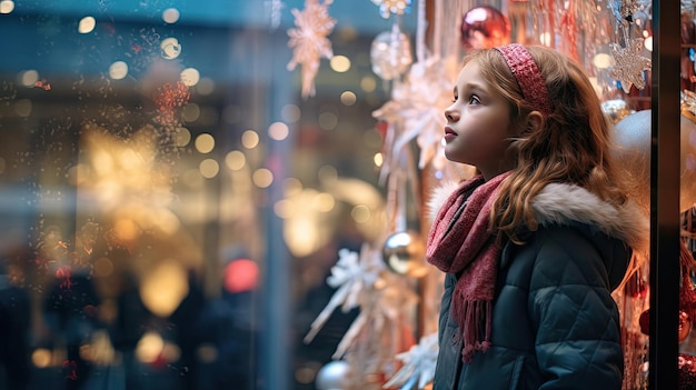 El reflejo de una niña en una mágica exhibición navideña