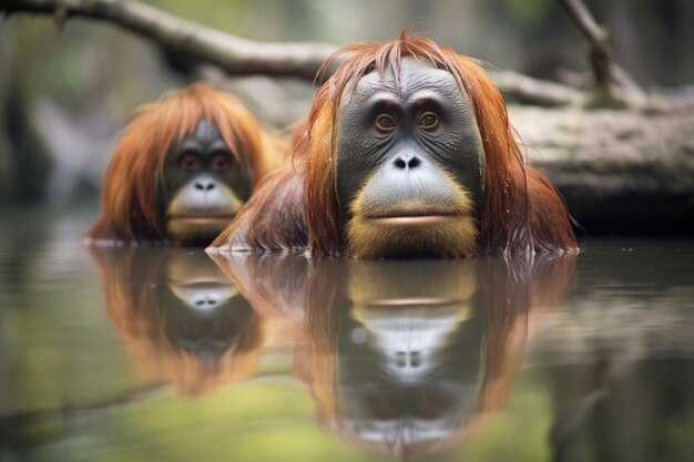 Foto el reflejo de los orangutanes en un río tranquilo de la selva tropical