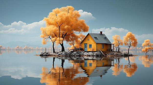 Reflejo otoñal de la casa amarilla sobre el agua