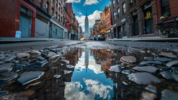 El reflejo de un paisaje urbano en un charco la imagen está llena de contraste y color y el reflejo es perfectamente claro