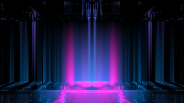 Reflejo de pared de podio luminoso vidrio de neón formas geométricas borrosas futurismo rayas de colores brillantes Vitrina para un producto de belleza render 3d