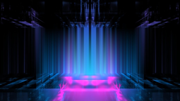 Reflejo de pared de podio luminoso vidrio de neón formas geométricas borrosas futurismo rayas de colores brillantes Vitrina para un producto de belleza render 3d