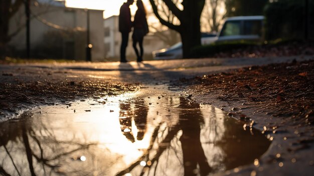 Foto el reflejo de una pareja en un charco con una onda en forma de corazón