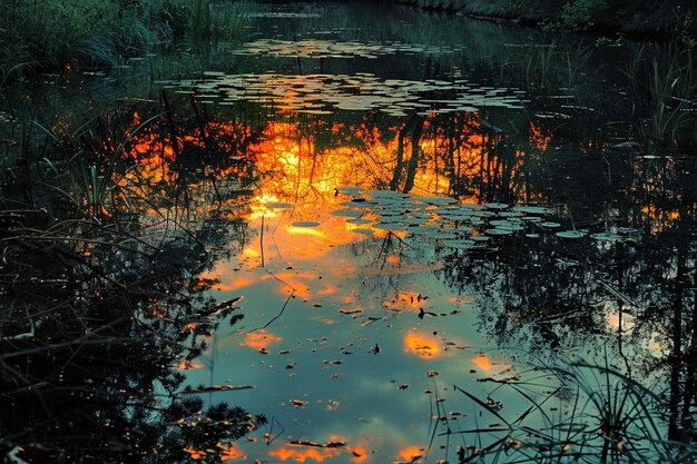 Foto un reflejo de una puesta de sol en un estanque