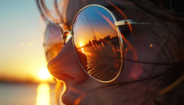 Foto el reflejo del sol naciente en las gafas de sol de una chica en primer plano