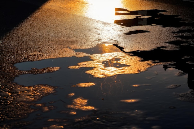 Reflejo del sol sobre asfalto húmedo creando un efecto deslumbrante