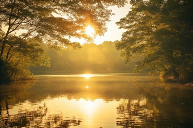 El reflejo del sol en la superficie de un lago sereno con la niebla que se levanta