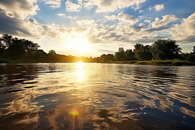 El reflejo del sol en la superficie de un río pacífico con rocas