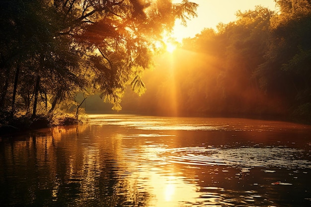 El reflejo del sol en la superficie de un río pacífico con rocas