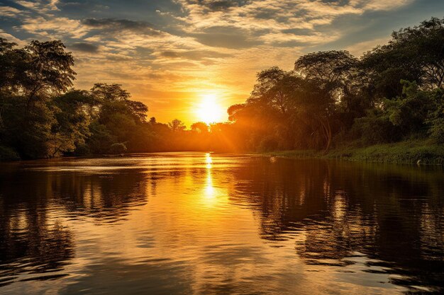 El reflejo del sol en la superficie de un río pacífico con rocas