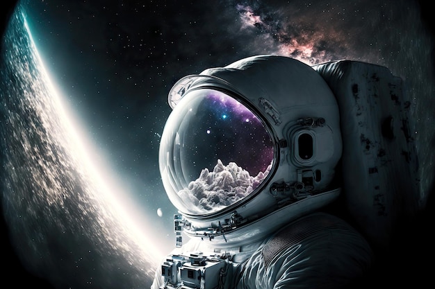 Reflejo del universo en el casco de cosmonauta astronauta flotante