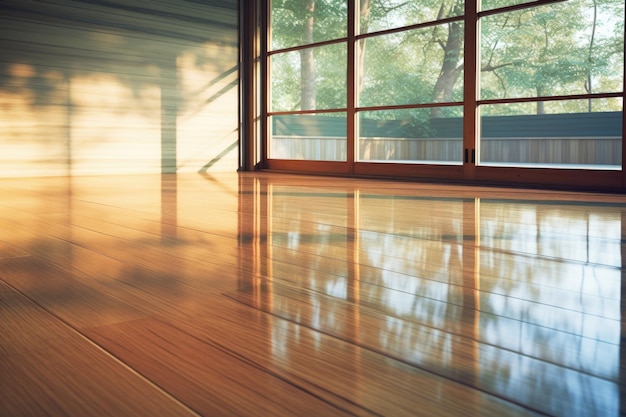 El reflejo de una ventana limpia en un piso de madera brillante