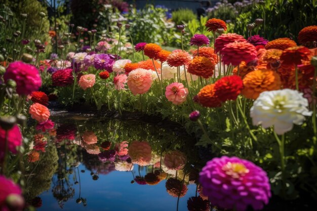 Reflejos de espejo de un jardín de flores vibrante