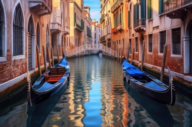 Reflejos de góndolas en canales tranquilos de Venecia creados con ai generativo