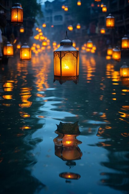 los reflejos de las linternas de Ramadán en el agua