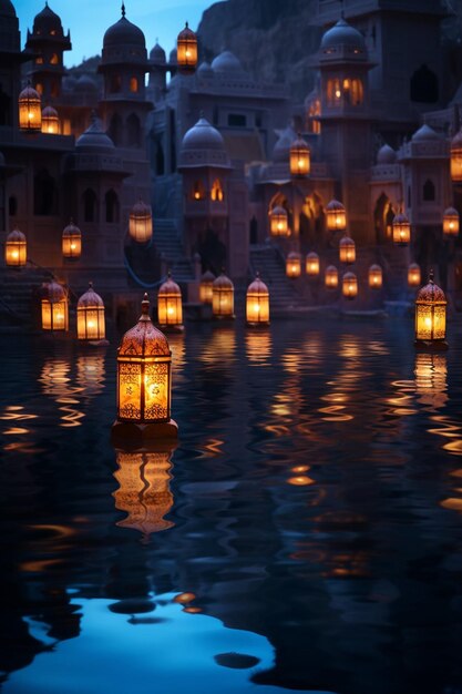 los reflejos de las linternas de Ramadán en el agua