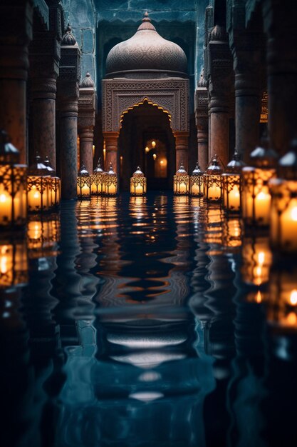 los reflejos de las linternas de Ramadán en el agua