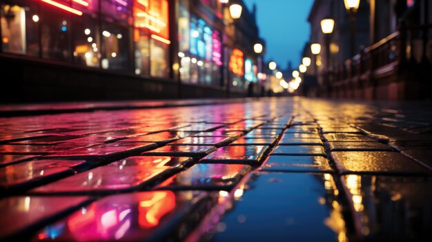 Reflejos de luces en la superficie mojada de la carretera adoquines después de la noche de lluvia en el fondo de la gran ciudad