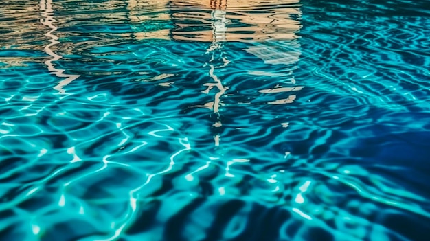 Reflejos de luz solar brillante en la superficie del agua azul en el fondo de la piscina IA generativa