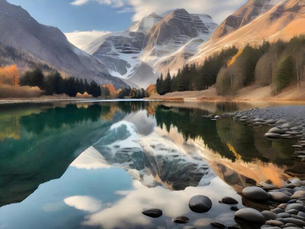 Reflejos de las montañas, árboles, lagos y estanques tranquilos.