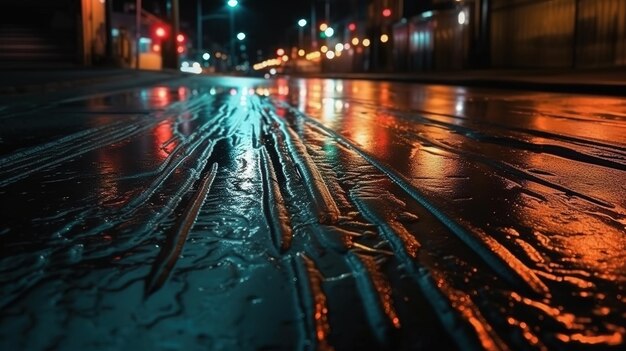 Reflejos urbanos de luces de neón sobre textura de asfalto húmedo IA generativa