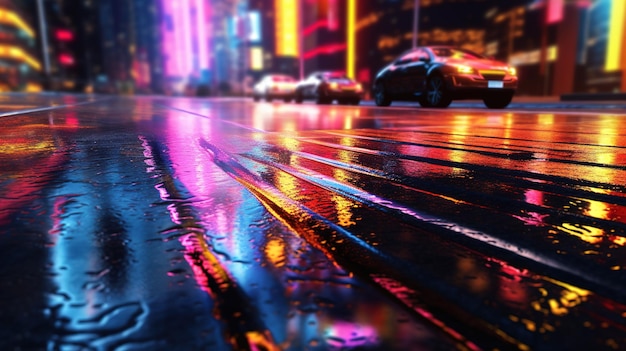 Reflejos urbanos de luces de neón sobre textura de asfalto húmedo IA generativa