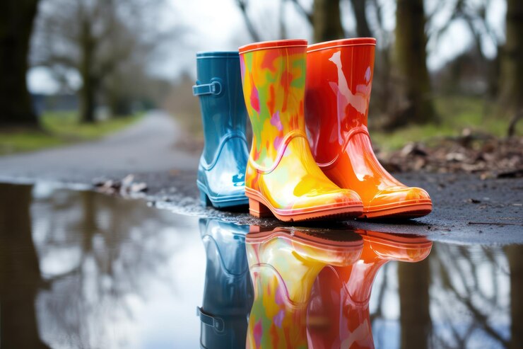 Foto reflektierende regenstiefel regenstiefel, die eine lebendige frühlingsszene widerspiegeln ar 32 v 52 job id fcc9dd7767c04a03b1dc7b53c8f2f908