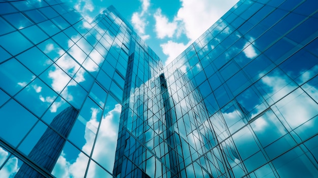 Reflektierende Wolkenkratzer Geschäftsbürogebäude Niedrigwinkelfotografie von Glasvorhängewänden Details von Hochhäusern Das Fensterglas reflektiert den blauen Himmel und die weißen Wolken Generative KI